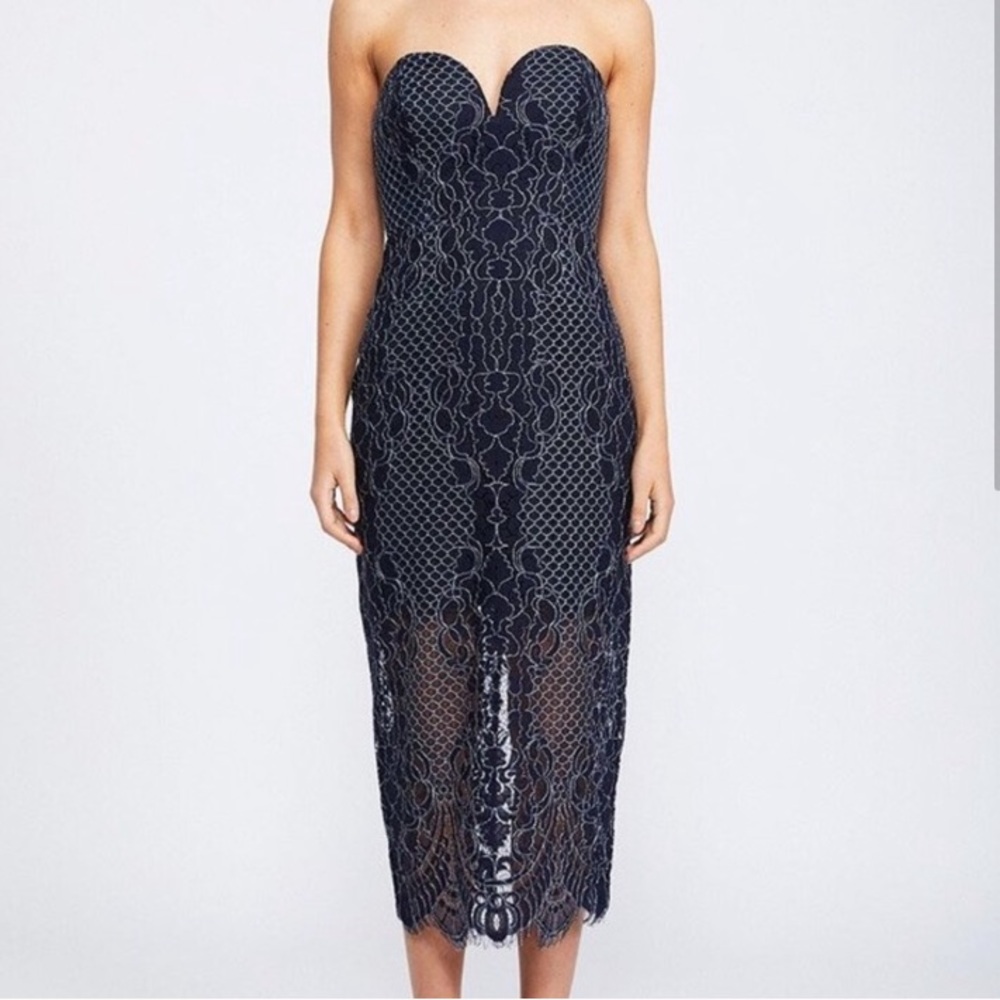 Shona Joy Blue lace bustier midi dress